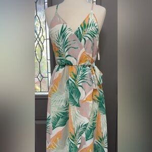 Dream of Me Tropical Leaf Print High Low Midi Wrap Dress